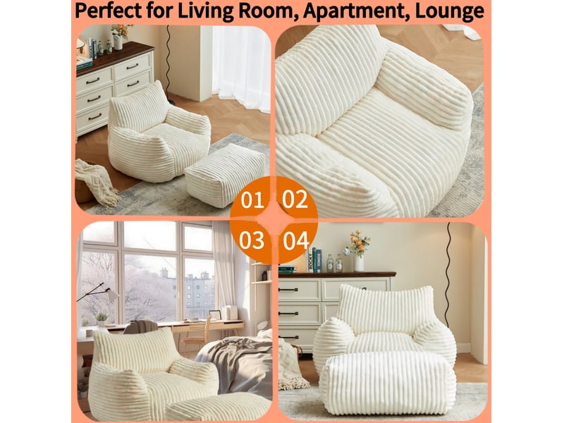 Fauteuil lounge courbé 103 x 90 x 70 cm – blanc – avec pouf assorti pour assise cocooning et salon moderne - Conforama E