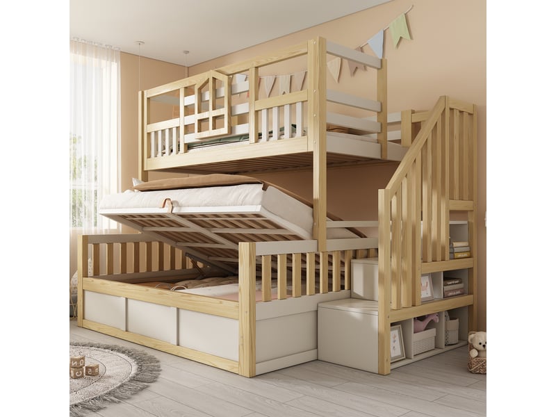  Lit superposé cabane enfant 90 x 200140 x 200 cm blanc et bois escalier rangement coffre hydraulique fenêtre en747 sans matelas  - Conforama D
