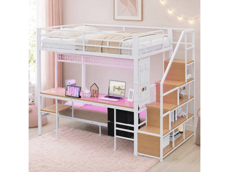  Lit mezzanine enfant en métal et mdf blanc 140 x 200 cm avec couchage inférieur 90 x 200 cm  - Conforama B