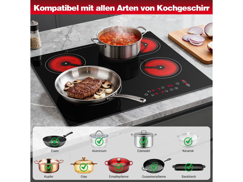  Plaque de cuisson vitrocéramique 4 foyers, table électrique encastrable 60 cm, 6600 w, zones double et ovale, tactile  - Conforama R