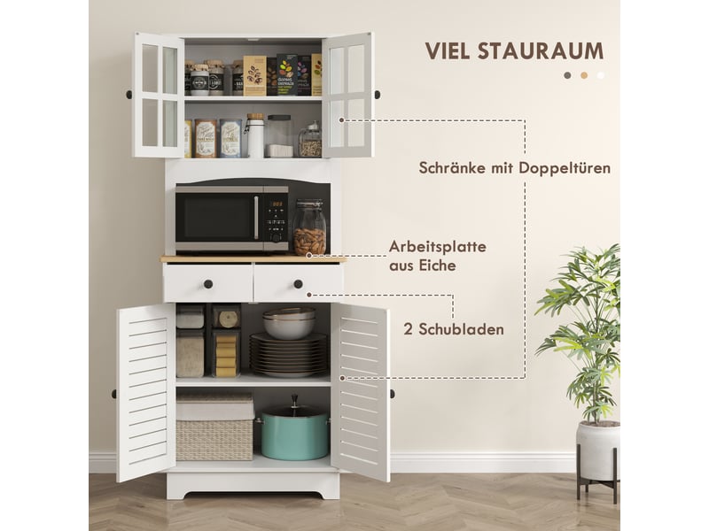  Meuble de cuisine avec portes vitrées, 2 tiroirs, vaisselier, meuble de salle à manger, bois, 68 x 39,5 x 170 cm, blanc  - Conforama R