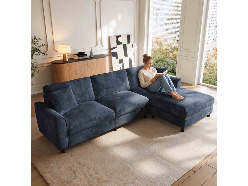  Canapé d'angle l 3 places 256x137x79 cm en chenille avec méridienne réversible 90 cm, assises confortables, canapé modulable moderne - bleu  - Conforama D