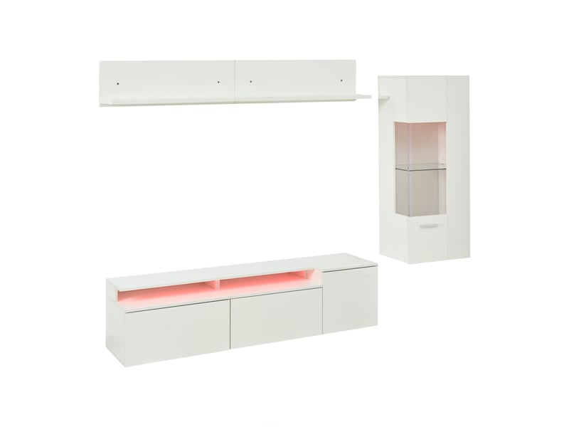  Ensemble meuble tv mural led 3 pièces 180 cm avec vitrine et étagère, mdf verre acrylique, blanc brillant  - Conforama D