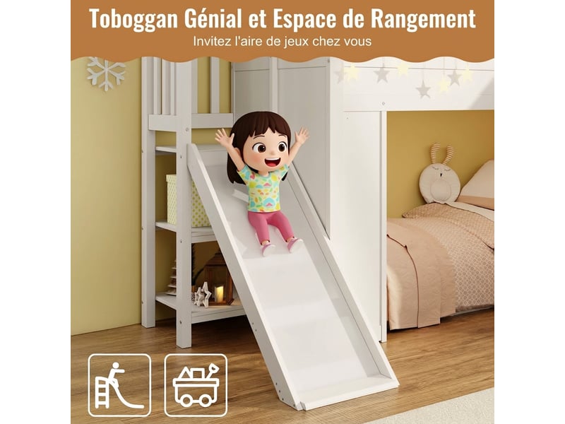 Lit superposé enfant 90x200 avec toboggan et escalier de rangement - bois massif blanc  - Conforama R