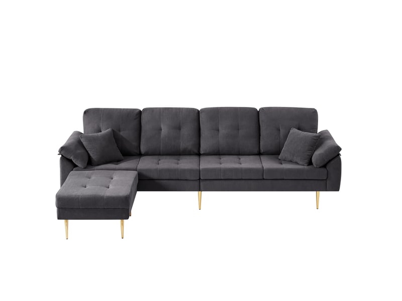  Canapé d'angle réversible 4 places 250 cm en velours côtelé gris foncé, pouf mobile et pieds métal Fay Lum - Conforama A