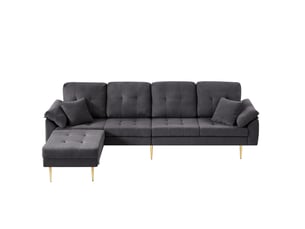 Canapé d'angle réversible 4 places 250 cm en velours côtelé gris foncé, pouf mobile et pieds métal