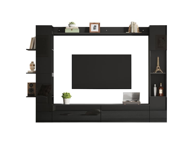  Meuble tv meuble de salon rangement compact rangement généreux porte à sens réversible ensemble 4 pièces vitrine armoire de rangement aspect meuble mural compact noir  - Conforama D