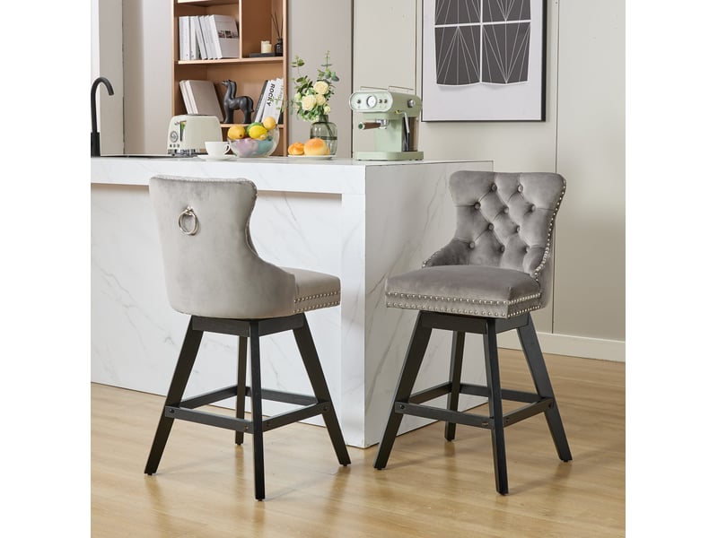 Tabouret de bar pivotant en velours gris avec dossier courbé cravdom  - Conforama C
