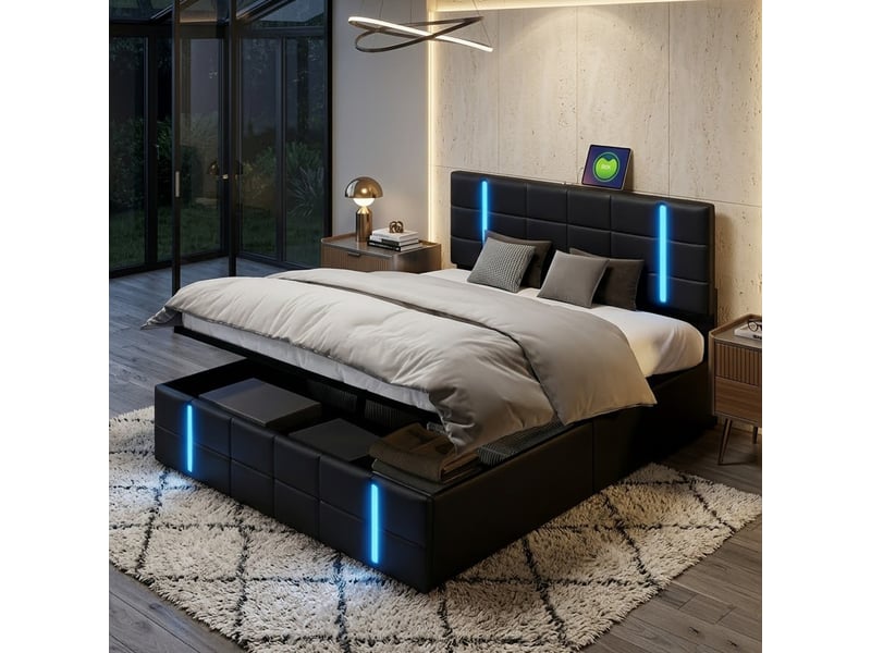 Lit coffre 160x200cm, lit double avec led, usb et tête de lit capitonné, cadre de lit avec sommier à lattes,pour adulte et adolescent, pu noir - Conforama D