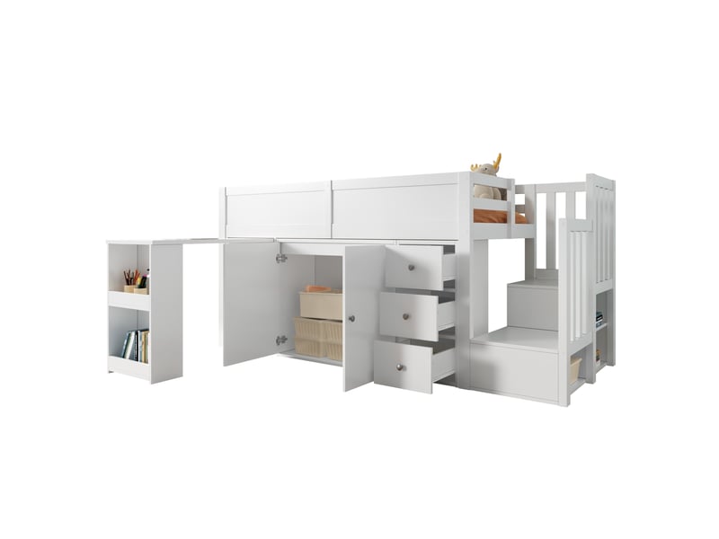 Lit mezzanine enfant avec bureau escamotable 90x200 cm blanc - armoire, tiroir et escalier de rangement - Conforama A
