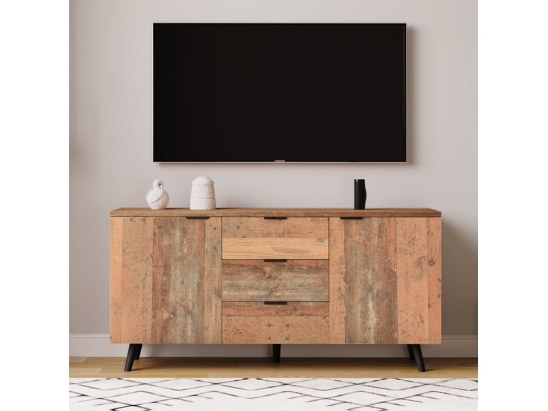  Meuble tv vintage marron bois vieilli avec 3 tiroirs et étagères réglables, 140 cm  - Conforama C