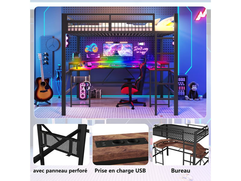  Lit mezzanine 140 x 200 cm sans matelas, structure métal, bureau, led, usb et type-c, prises, panneau perforé, noir  - Conforama E