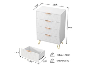 Commode 4 tiroirs style italo-scandinave - 60 x 34 x 90 cm-blanc - meuble de rangement vertical avec reliefs losanges et pieds dorés