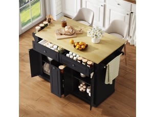 Desserte de cuisine 121 x 69 x 89 cm naturel et noir en mdf, plateau rabattable et roulettes verrouillables