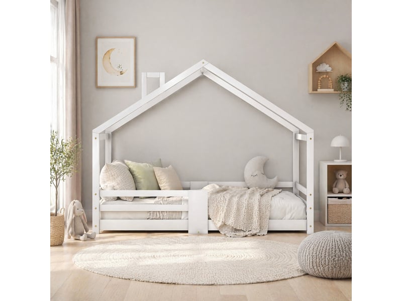 Lit cabane enfant 200×90 cm avec barrières de protection et sommier à 15 lattes, sans matelas, en pin massif blanc - Conforama B