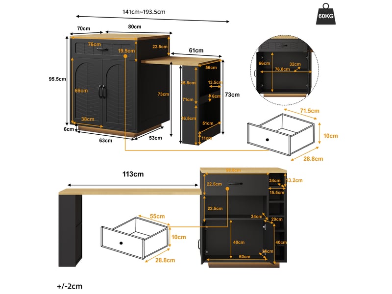  Desserte de cuisine 141-193,5x70x95,5 cm, 2 tiroirs, table extensible, range-bouteilles, en mdf, couleur noir et bois  - Conforama C