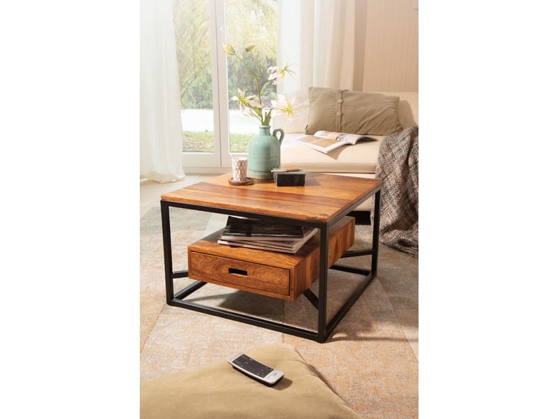 Finebuy table basse de salon sheesham bois massif et métal 60x60x40 cm carré ; petite table de canapé avec tiroir marron ; design table d'appoint style industriel avec rangement  - Conforama C