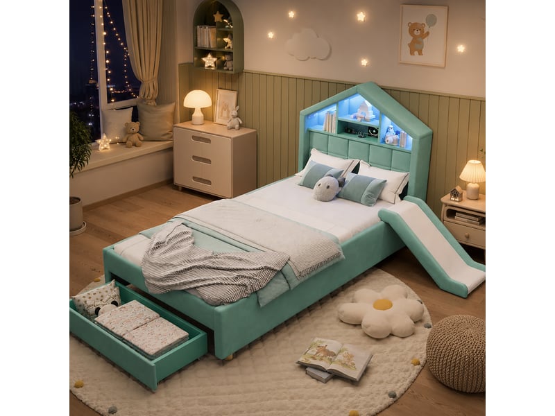  Lit cabane enfant 90x200 cm en velours bleu-vert avec toboggan, tiroir et led  - Conforama B