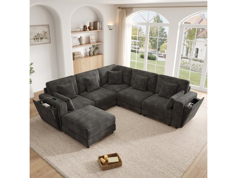  Canapé modulable 6 places en tissu chenille gris, configurable en l ou en u, usbtype-c, 7 coussins  - Conforama B