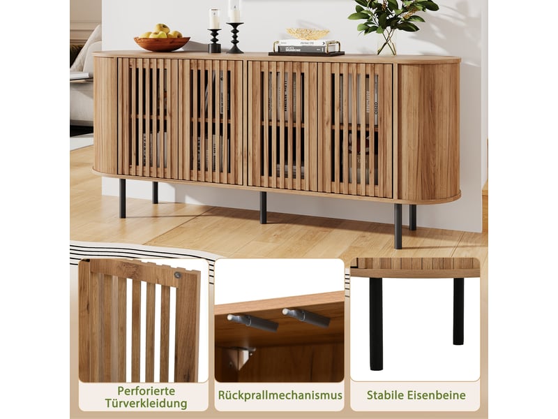 Buffet salon 160cm bahut bois naturel mdf 4 portes pieds métal  - Conforama R
