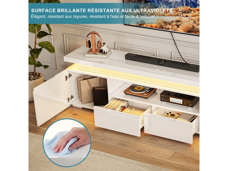  Meuble tv blanc brillant 180 cm avec led rgb et multiprise usb-c, grand rangement, pour tv jusqu’à 75 pouces  - Conforama R