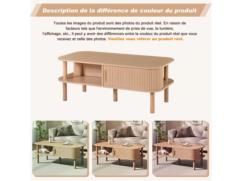  Table basse scandinave avec rangement porte coulissante 110 cm - bois naturel  - Conforama E