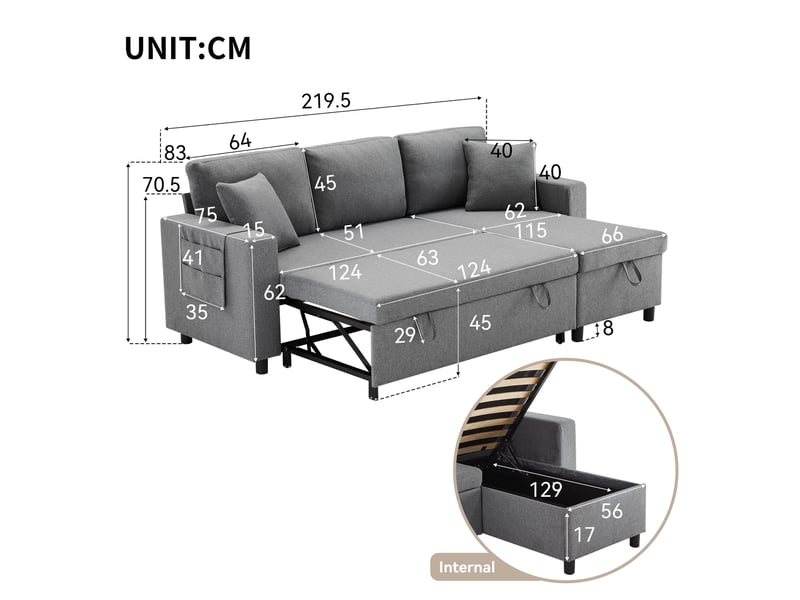  Canapé d'angle convertible l 3 places avec coffre de rangement, méridienne réversible gauchedroite, fonction lit, poche latérale, 2 coussins, tissu aspect lin - gris foncé  - Conforama D