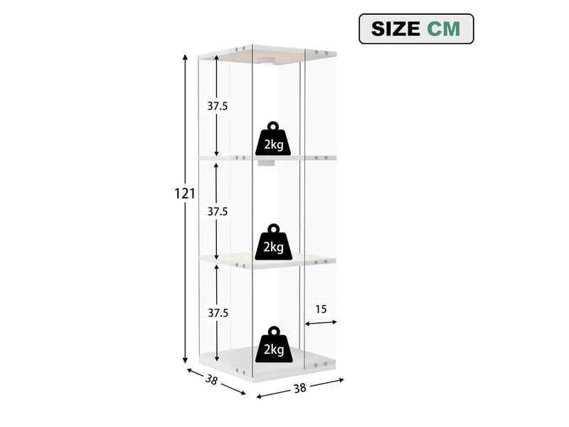  Vitrine tournante - 38x38x121cm - 360° avec 3 niveaux, étagères en verre, éclairage tactile tap light - blanc  - Conforama E