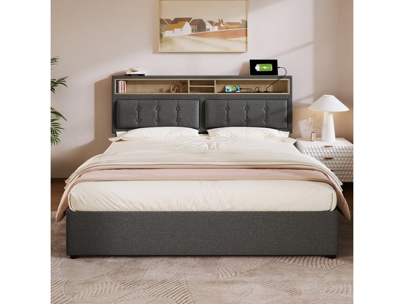  Lit coffre tcqpz 160 x 200 cm gris en lin avec tête de lit réglable usb type c et prises  - Conforama E