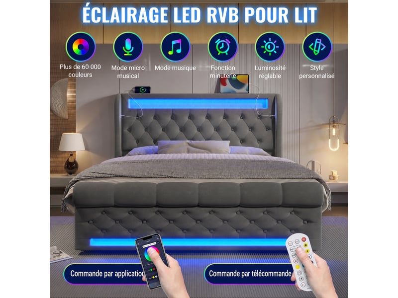 Lit coffre hydraulique 140 x 200 cm, matelas inclus, led, usb et type-c, velours gris - Conforama D