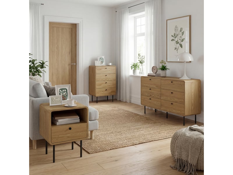  Commode 4 tiroirs, meuble de rangement étroit avec pieds en acier, coins arrondis, 60 x 39 x 91,5 cm, chêne  - Conforama C