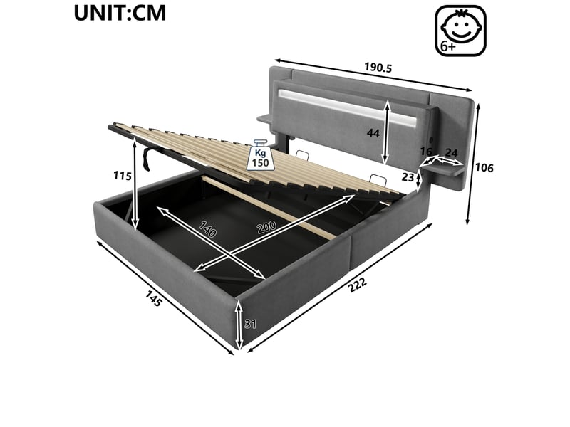  Lit coffre 2 places 140x200 cm avec rangement hydraulique, éclairage à LED multicolore, en MDF, coloris gris, sans matelas  - Conforama C