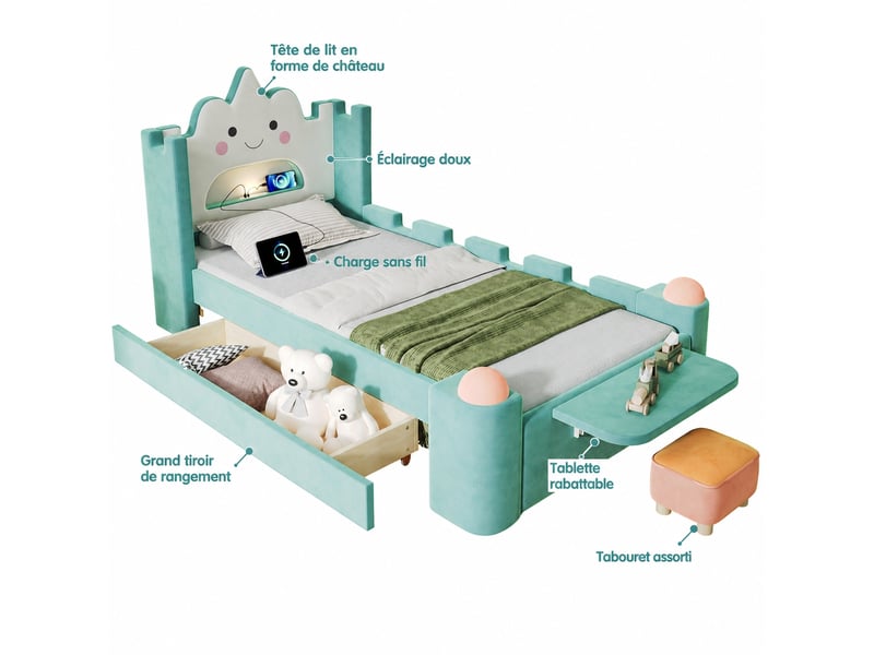  Lit enfant rembourré 90 x 200 cm avec tête de lit en forme de nuage, tiroir réversible et velours bleu-vert, sans matelas  - Conforama A