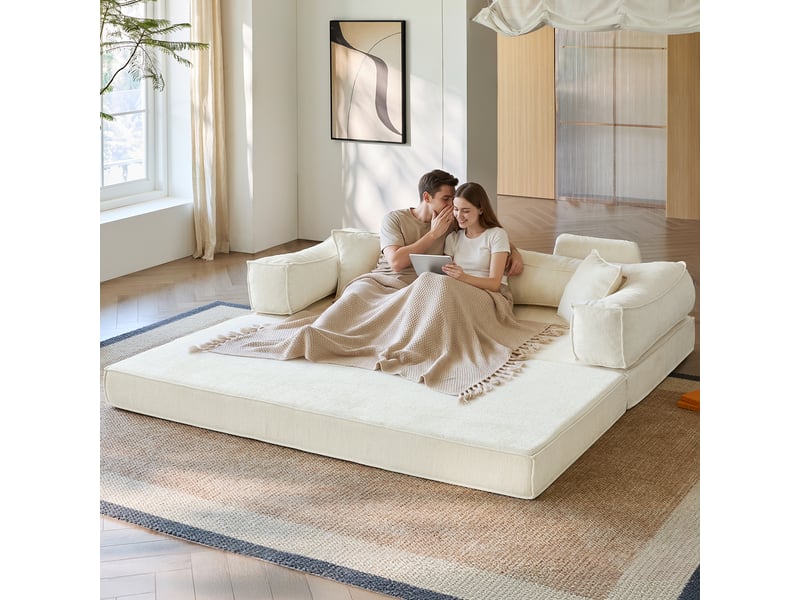  Canapé-lit convertible 3 places, sofa de sol modulaire, avec coussins amovibles，207x106x68cm，beige  - Conforama C