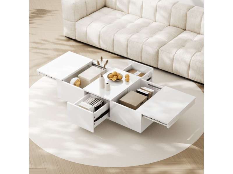  Table basse blanche brillante avec 2 tiroirs, plateau extensible et rangement caché  - Conforama C