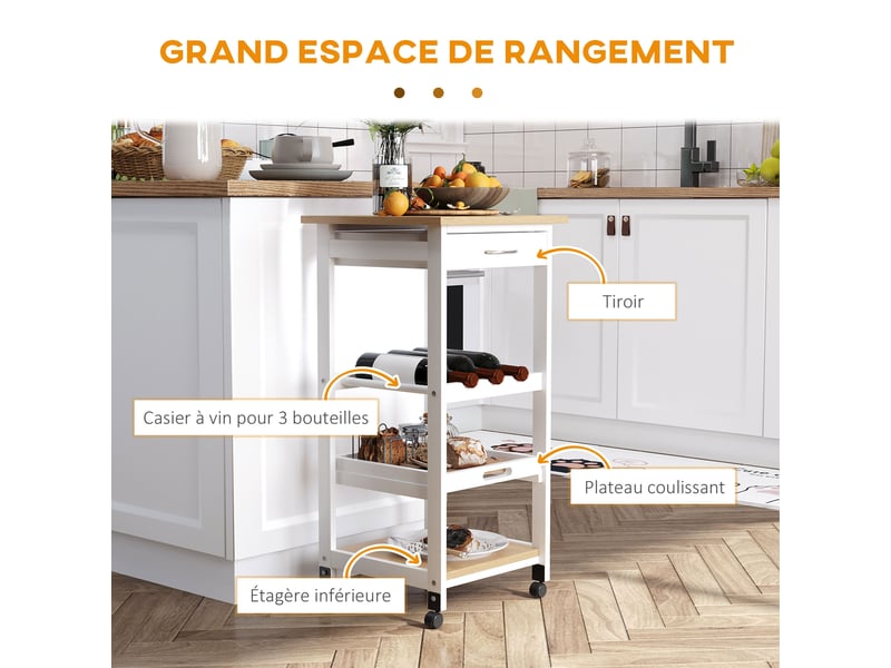  Chariot de service desserte de cuisine à roulettes 2 étagères + amovible plateau + tiroir blanc chêne clair  - Conforama A