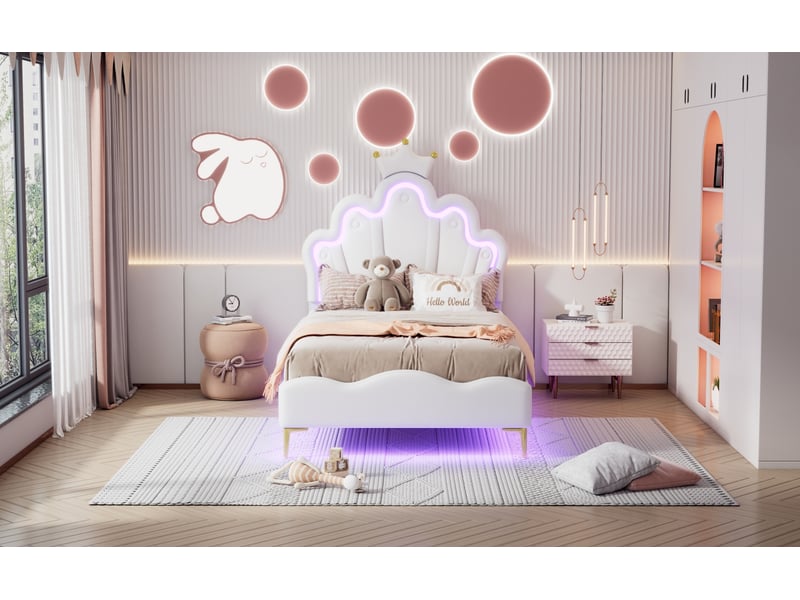  Feeohome lit enfant 90x200cm, lit pour enfant rembourré avec lumière led réglable, pour fille adolescente avec tête de fleur et sommier à lattes, sans matela (blanc)  - Conforama D