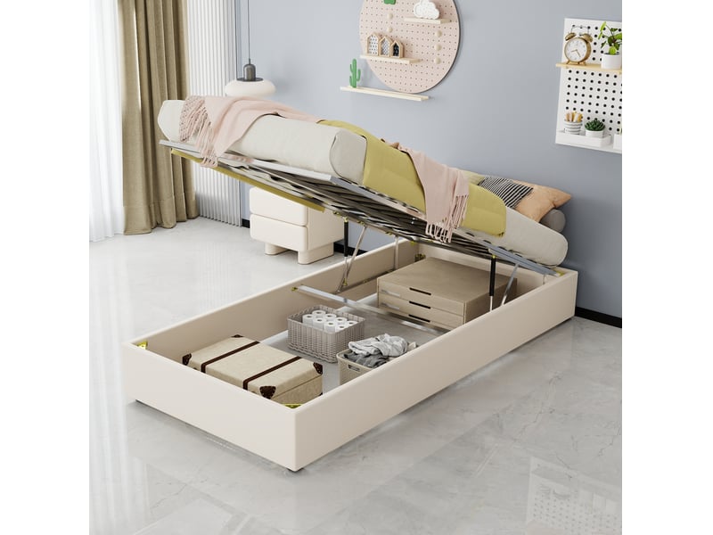  Lit coffre 90x200 cm avec rangement à vérins à gaz, métal, beige, sans tête de lit et sans matelas  - Conforama D