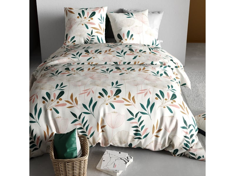  Parure housse de couette 240x220cm + 2 taies motif fleurs blanc rose et vert 100% coton - siloe SILOE - Conforama C