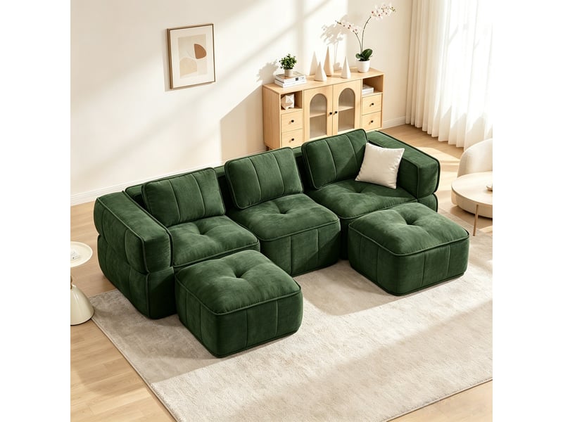  Canapé modulaire 3 places en u, 2 poufs, mousse 32d, assise profonde, tissu doux, 271×162×67 cm, vert  - Conforama D