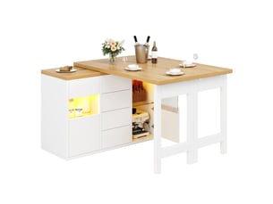 Îlot central de cuisine extensible 120-197x40x73,8 cm avec plateau pivotant 360°, led rgb, 4 tiroirs, portes vitrées et rangement - blanc
