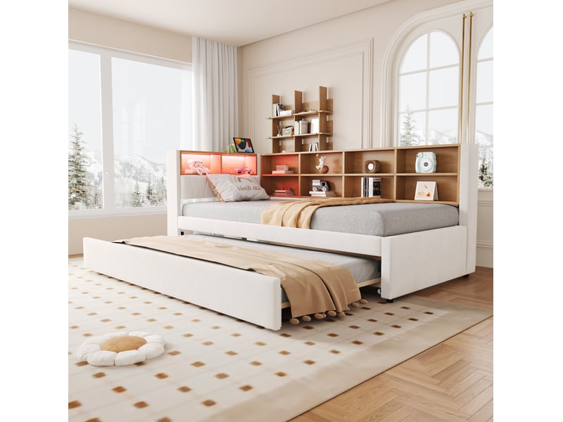 Lit gigogne 90x200 cm avec led, prises et rangements, flanelle beige - Conforama D