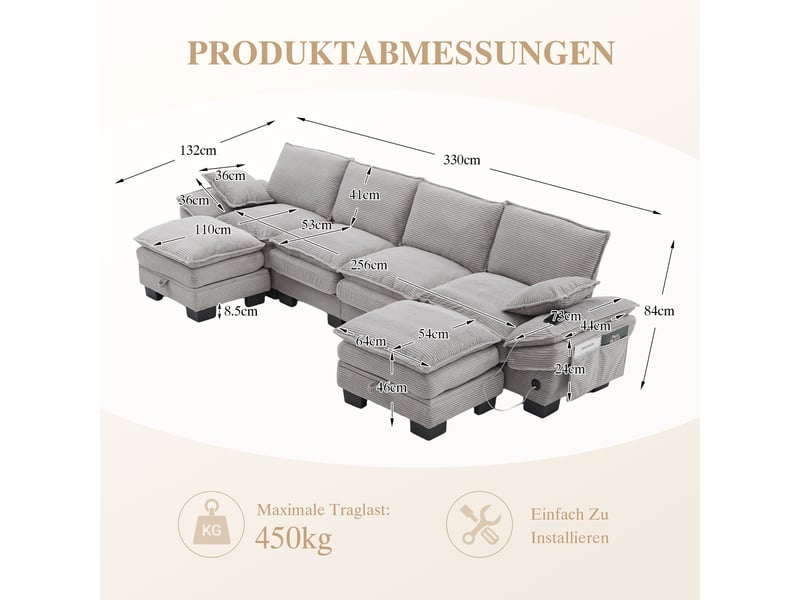  Canapé modulaire en velours - 4 places avec 2 poufs - velours côtelé doux - gris clair - dimensions 330x132x84cm - Conforama D