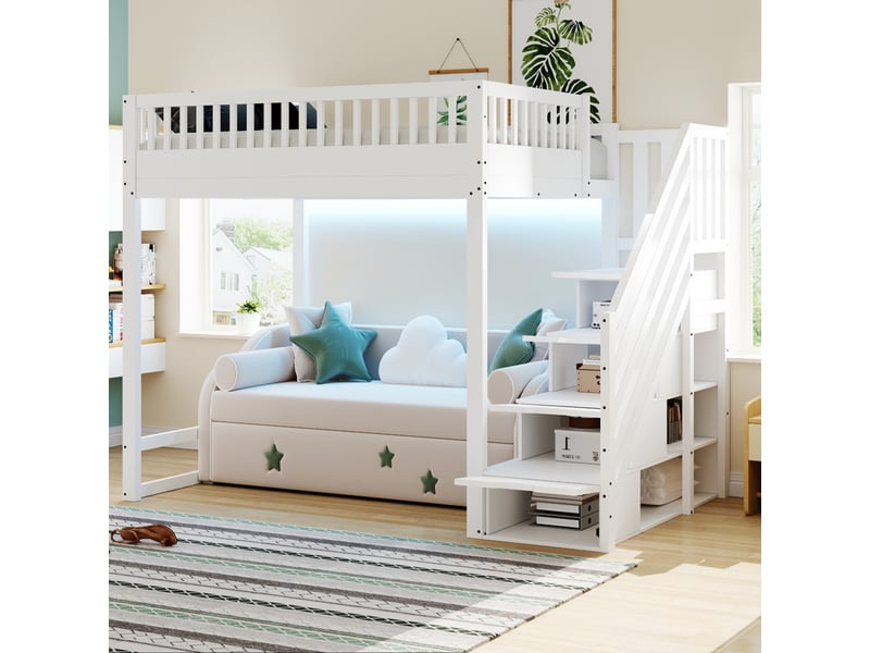 Lit mezzanine 140 x 200 cm - avec échelle de sécurité - avec barrières de sécurité - équipé de lumières led - blanc (matelas non inclus)  - Conforama E