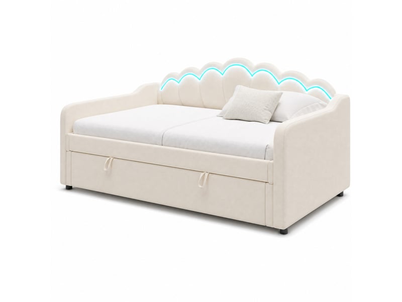  Lit coffre enfant 90x200cm, design ondulé, lumières avec éclairage led multicolores, velours, beige sans matelas  - Conforama A