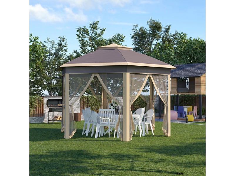  Gazebo de jardin hexagonal 4,05 x 3,4 x 2,85 m avec double toit, 6 moustiquaires amovibles, sac de rangement et traitement anti-uv beige  - Conforama C