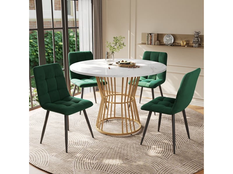  Ensemble table ronde et 4 chaises, 5 pièces, plateau blanc effet marbre et pieds métalliques dorés, salle à manger moderne  - Conforama C