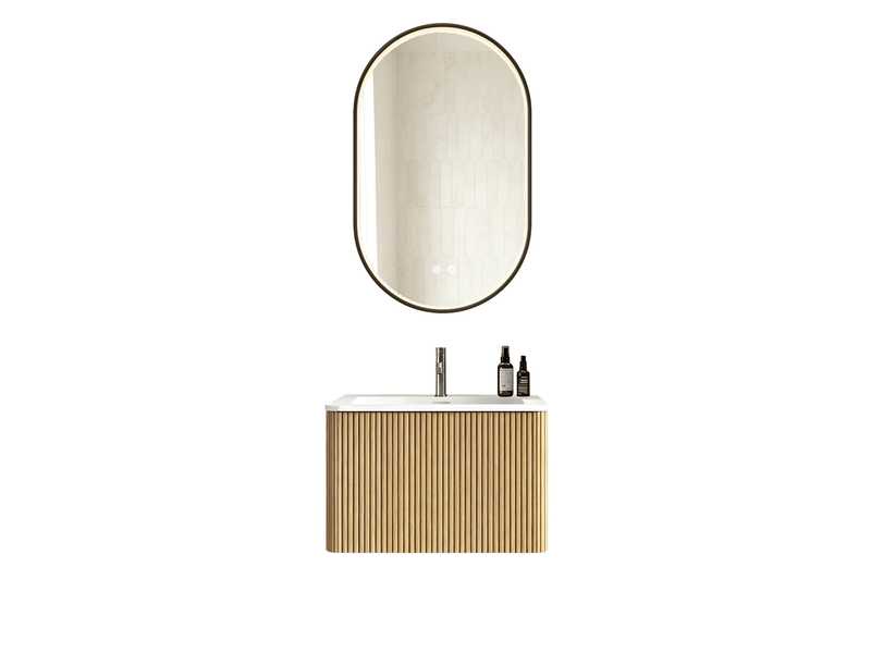  Ensemble meuble de salle de bain 60 cm avec vasque, miroir led 50x80 cm, chêne  - Conforama A