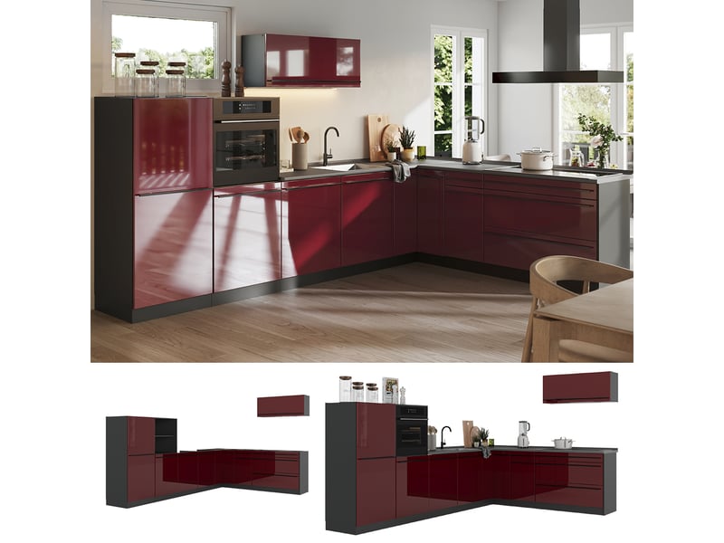  Vicco cuisine en angle, rouge brillantanthracite, 327 x cm plan de travail marbre  - Conforama D