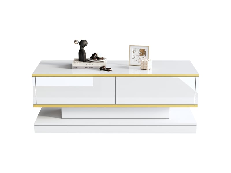  Table basse laquée brillante 100 x 50 x 38 cm, table d'appoint avec 2 grands tiroirs, table de salon originale, blanc chaud avec bordure dorée, table basse avec plateau étroit et large plateau et base larges.  - Conforama A